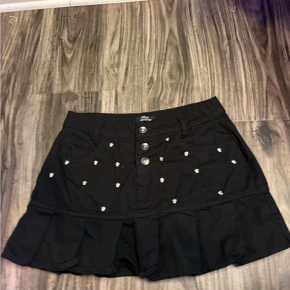 Social Collision Women’s Black Cotton Skull Studded Button Mini Skirt Pockets L